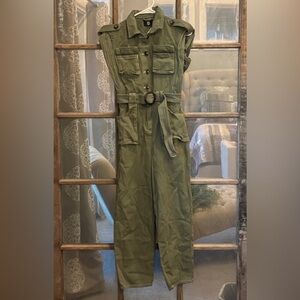 Boohoo Contrast Stitch Utility Khaki Denim Jumpsuit - Size US 4